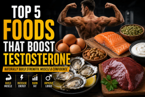 Top 5 foods that boost testosterone naturally including oysters, beef liver, salmon, eggs, pumpkin seeds, nuts, and yogurt displayed beside a muscular bodybuilder. Image highlights foods rich in zinc, vitamin D, healthy fats, and protein that support testosterone production, muscle growth, strength, energy, fat loss, and overall men's health.