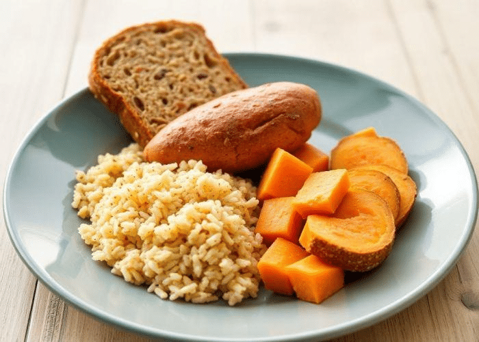 plate with rice, bread and potatoes