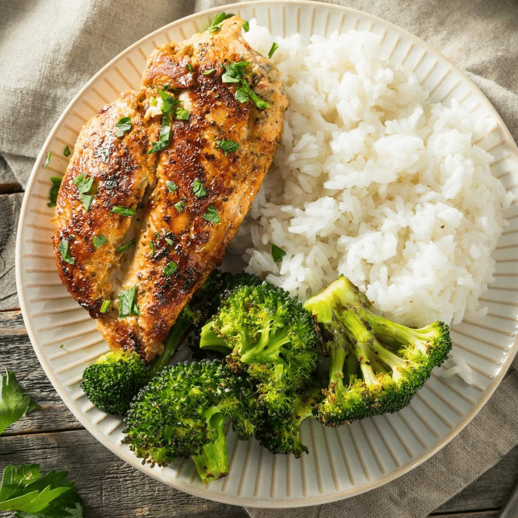 plate with rice, chicken and broccoli
