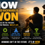 NOW spelled backwards is WON motivational illustration showing a person watching a sunrise while focusing on the present moment, trusting the process, and achieving success through consistent daily actions.