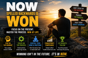 NOW spelled backwards is WON motivational illustration showing a person watching a sunrise while focusing on the present moment, trusting the process, and achieving success through consistent daily actions.