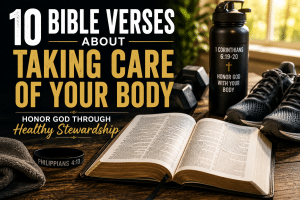 Open Bible with running shoes and dumbbells illustrating Bible verses about taking care of your body through Christian fitness and healthy stewardship.