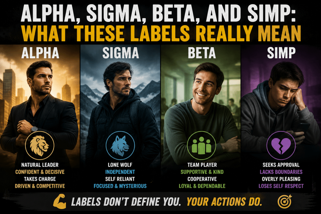 Illustration comparing Alpha, Sigma, Beta, and Simp personality labels, highlighting confidence, independence, teamwork, and people-pleasing while emphasizing that character is built through actions, not stereotypes.