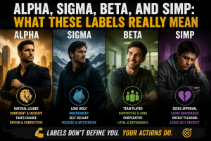Illustration comparing Alpha, Sigma, Beta, and Simp personality labels, highlighting confidence, independence, teamwork, and people-pleasing while emphasizing that character is built through actions, not stereotypes.