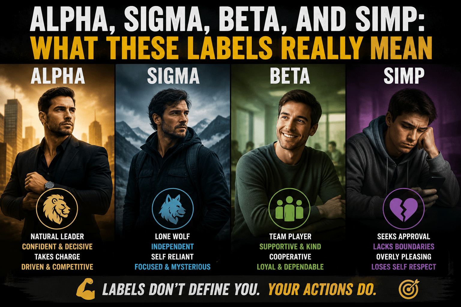 Illustration comparing Alpha, Sigma, Beta, and Simp personality labels, highlighting confidence, independence, teamwork, and people-pleasing while emphasizing that character is built through actions, not stereotypes.