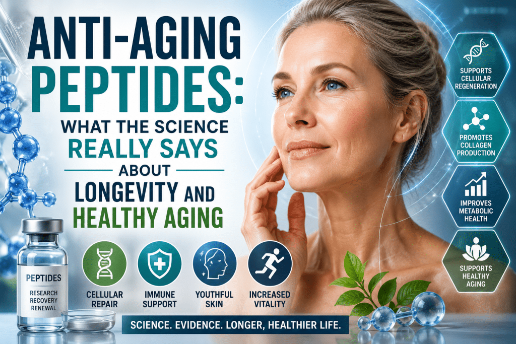 Featured image showing a healthy older woman with peptide molecules and scientific graphics illustrating anti-aging peptides, longevity, cellular repair, collagen production, and healthy aging.