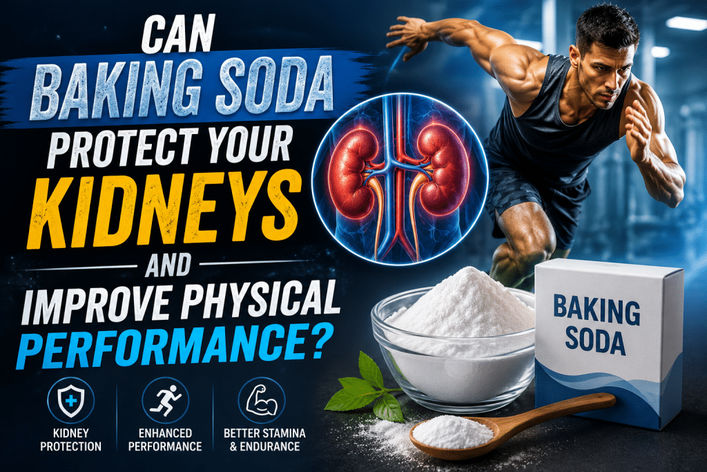 "Athlete sprinting beside an illustration of healthy kidneys and baking soda, highlighting the potential relationship between baking soda, kidney health, endurance, and physical performance.