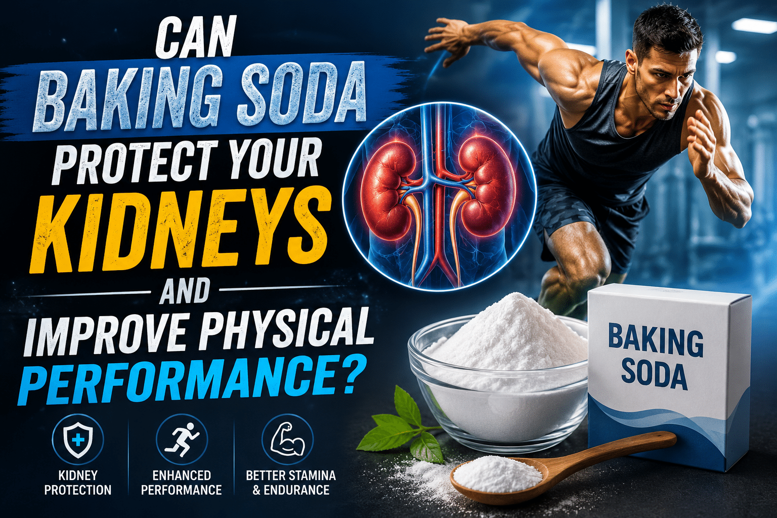 "Athlete sprinting beside an illustration of healthy kidneys and baking soda, highlighting the potential relationship between baking soda, kidney health, endurance, and physical performance.