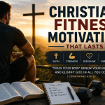 Christian fitness motivation illustration showing a Christian athlete praying at sunrise beside a cross, Bible, dumbbells, and workout journal, representing faith, discipline, and healthy living.