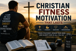 Christian fitness motivation illustration showing a Christian athlete praying at sunrise beside a cross, Bible, dumbbells, and workout journal, representing faith, discipline, and healthy living.