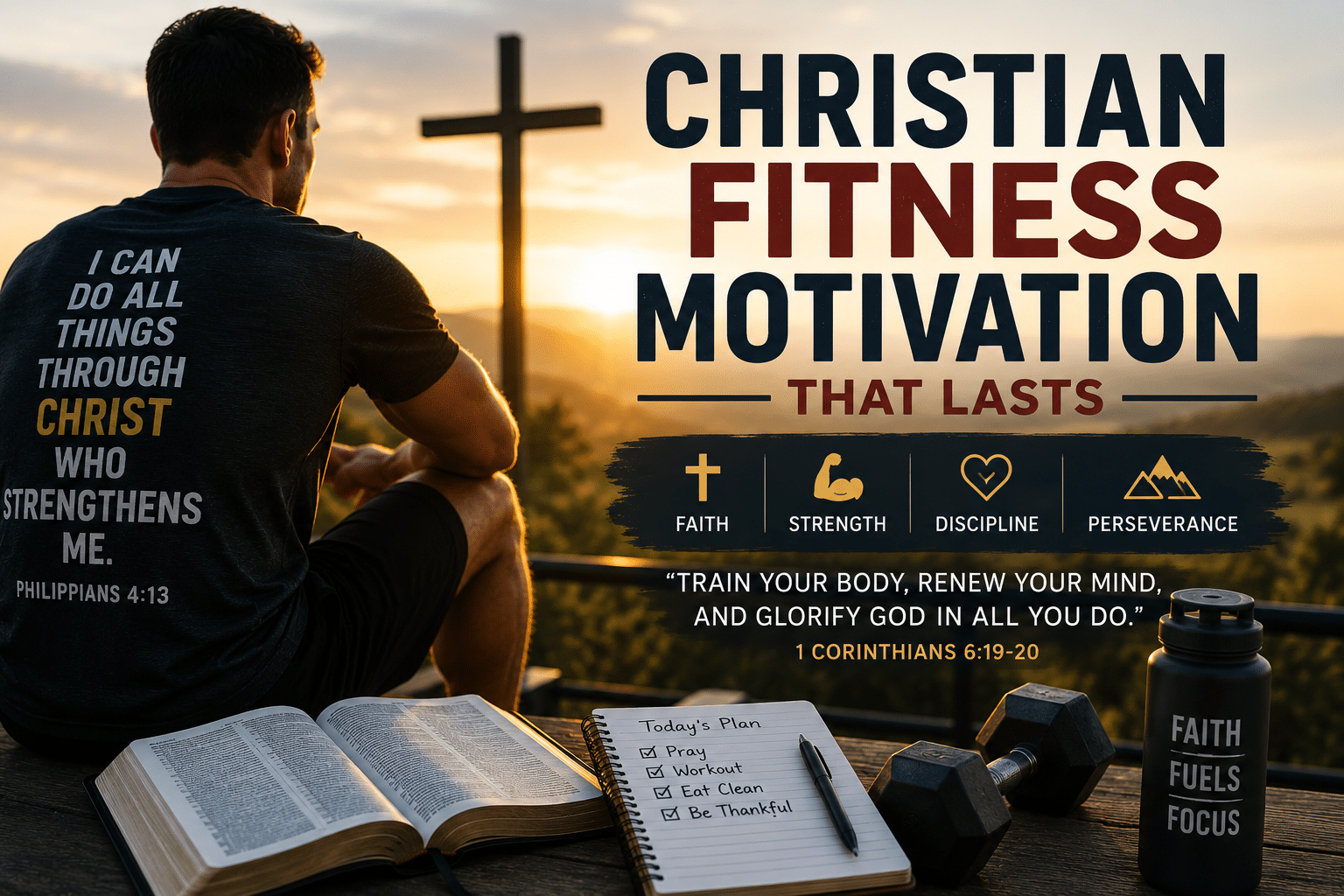 Christian fitness motivation illustration showing a Christian athlete praying at sunrise beside a cross, Bible, dumbbells, and workout journal, representing faith, discipline, and healthy living.