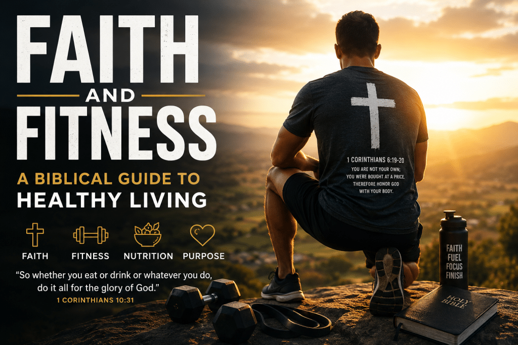 Faith and fitness illustration showing a Christian athlete overlooking a sunrise with a Bible, cross, dumbbells, and workout gear representing biblical health and healthy living.