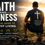 Faith and fitness illustration showing a Christian athlete overlooking a sunrise with a Bible, cross, dumbbells, and workout gear representing biblical health and healthy living.