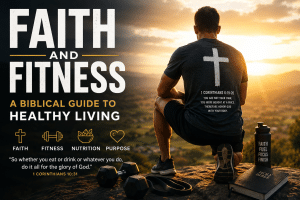 Faith and fitness illustration showing a Christian athlete overlooking a sunrise with a Bible, cross, dumbbells, and workout gear representing biblical health and healthy living.