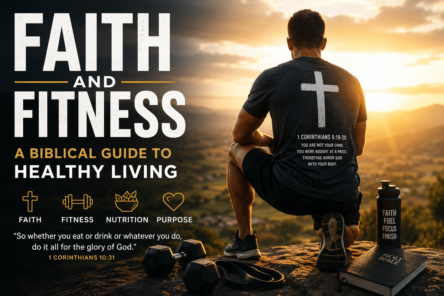Faith and fitness illustration showing a Christian athlete overlooking a sunrise with a Bible, cross, dumbbells, and workout gear representing biblical health and healthy living.