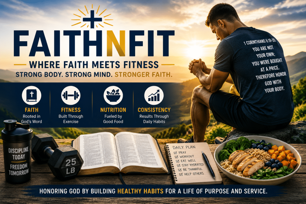FaithnFit illustration showing a Christian athlete praying at sunrise with a Bible, healthy meal, dumbbells, and fitness journal, representing the FaithnFit approach to biblical health, nutrition, exercise, and stewardship.