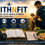FaithnFit illustration showing a Christian athlete praying at sunrise with a Bible, healthy meal, dumbbells, and fitness journal, representing the FaithnFit approach to biblical health, nutrition, exercise, and stewardship.
