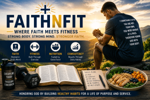 FaithnFit illustration showing a Christian athlete praying at sunrise with a Bible, healthy meal, dumbbells, and fitness journal, representing the FaithnFit approach to biblical health, nutrition, exercise, and stewardship.