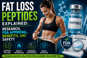 Featured image of a fit woman measuring her waist beside peptide vials, research documents, and FDA approval graphics illustrating fat loss peptides, scientific research, benefits, and safety.