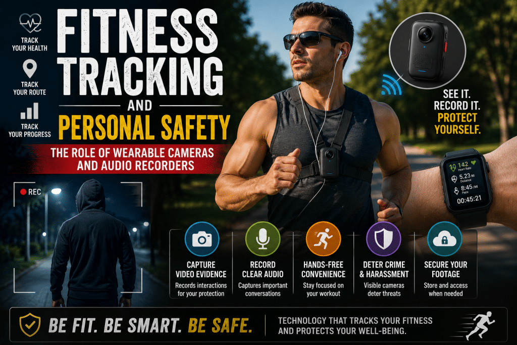 unner wearing a wearable camera, smartwatch, and audio recorder while exercising outdoors to track fitness, record activity, and improve personal safety during workouts.