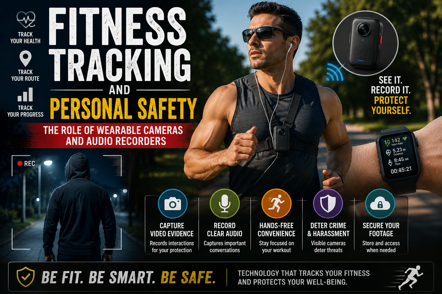 unner wearing a wearable camera, smartwatch, and audio recorder while exercising outdoors to track fitness, record activity, and improve personal safety during workouts.
