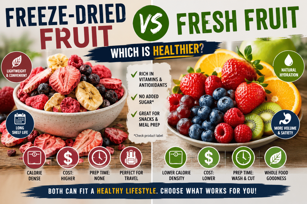Freeze-dried fruit and fresh fruit side by side comparing nutrition, cost, shelf life, hydration, and health benefits.