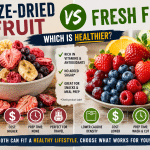 Freeze-dried fruit and fresh fruit side by side comparing nutrition, cost, shelf life, hydration, and health benefits.
