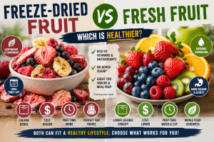 Freeze-dried fruit and fresh fruit side by side comparing nutrition, cost, shelf life, hydration, and health benefits.