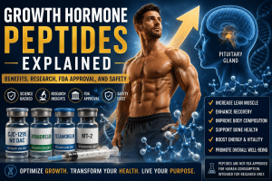 Growth hormone peptides illustration showing peptide molecules, pituitary gland, muscular athlete, and research vials representing growth hormone peptides, scientific research, FDA approval, and safety.