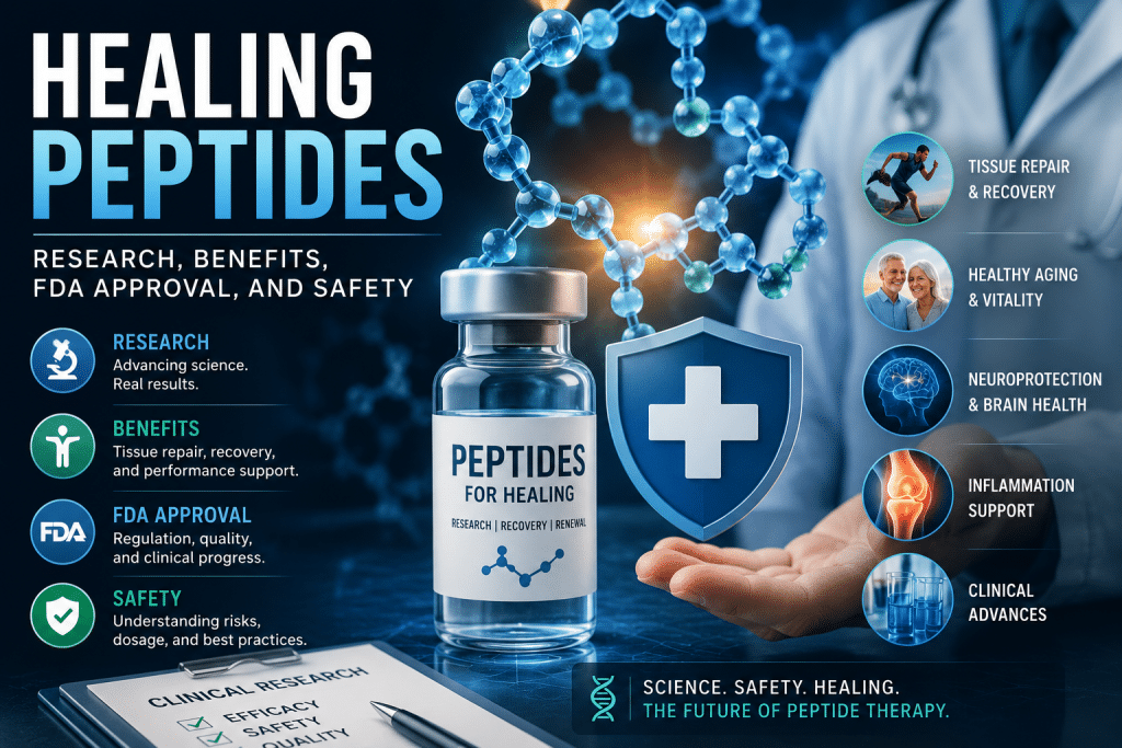 Medical illustration featuring a peptide therapy vial, molecular peptide chains, a healthcare professional, and symbols representing tissue repair, healthy aging, neuroprotection, inflammation support, FDA oversight, and clinical research, illustrating the science, benefits, safety, and future of healing peptides.
