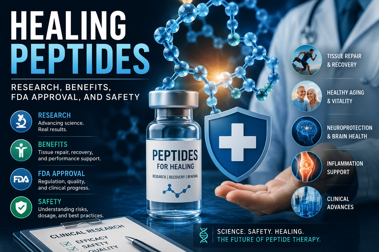 Medical illustration featuring a peptide therapy vial, molecular peptide chains, a healthcare professional, and symbols representing tissue repair, healthy aging, neuroprotection, inflammation support, FDA oversight, and clinical research, illustrating the science, benefits, safety, and future of healing peptides.
