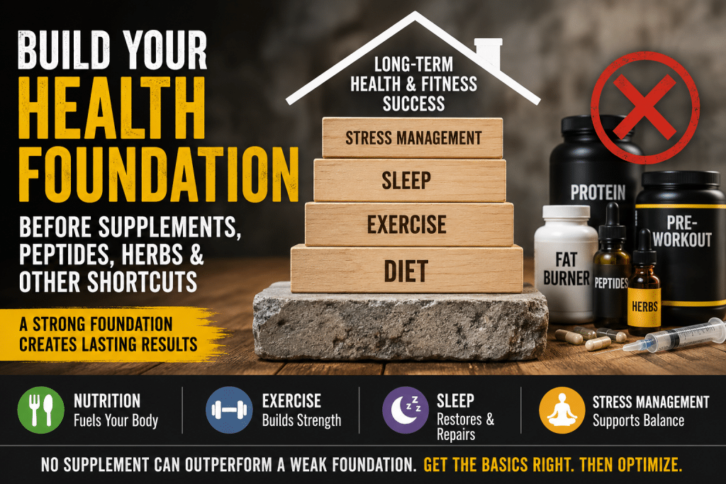 Illustration showing a strong health foundation built on diet, exercise, sleep, and stress management supporting long-term health and fitness, while supplements, peptides, and herbs cannot replace healthy habits.