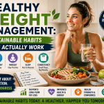 Woman enjoying a healthy meal and water while illustrating sustainable habits for healthy weight management, including balanced nutrition, daily movement, sleep, and consistency.