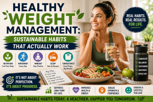 Woman enjoying a healthy meal and water while illustrating sustainable habits for healthy weight management, including balanced nutrition, daily movement, sleep, and consistency.