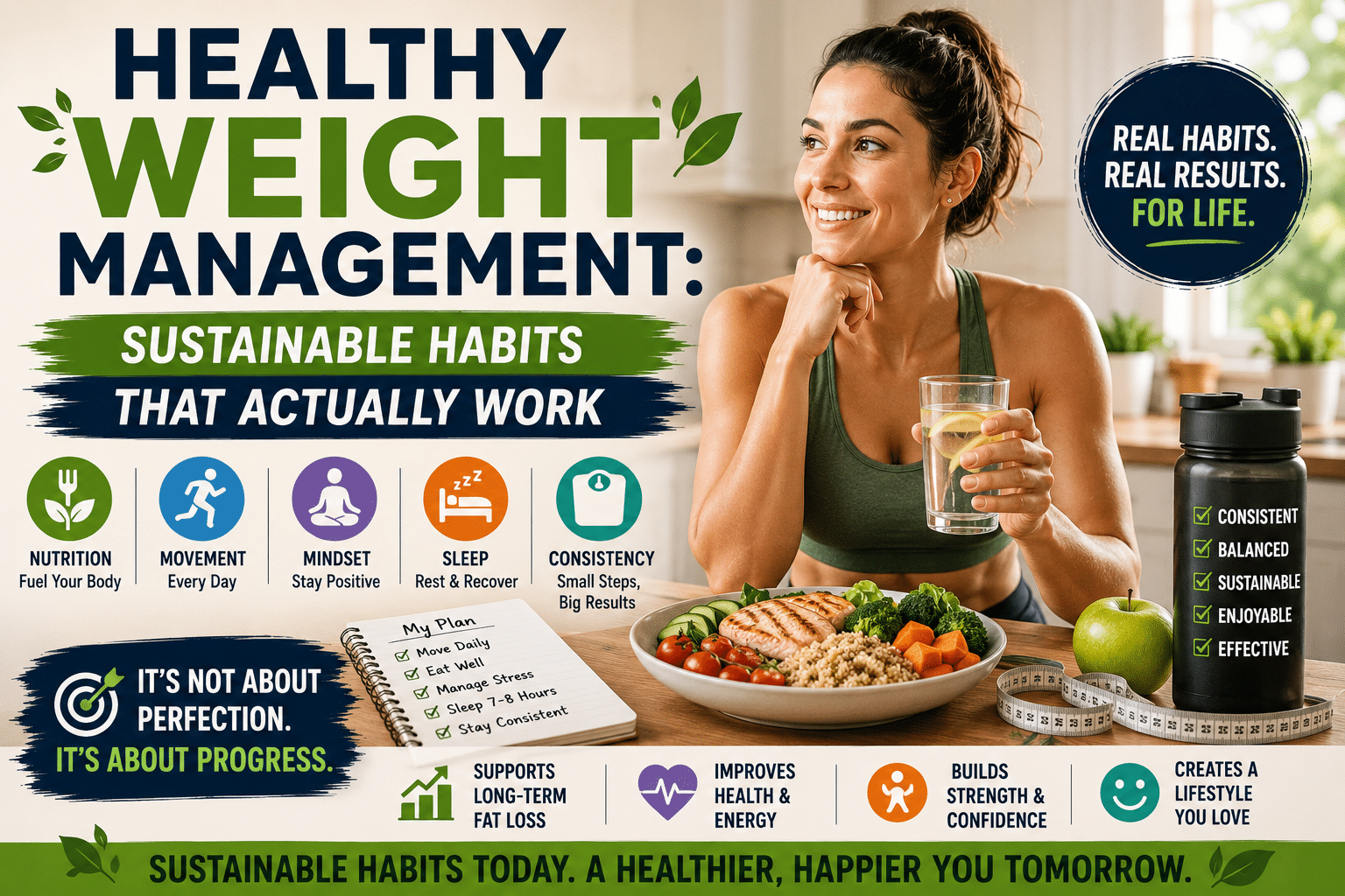 Woman enjoying a healthy meal and water while illustrating sustainable habits for healthy weight management, including balanced nutrition, daily movement, sleep, and consistency.
