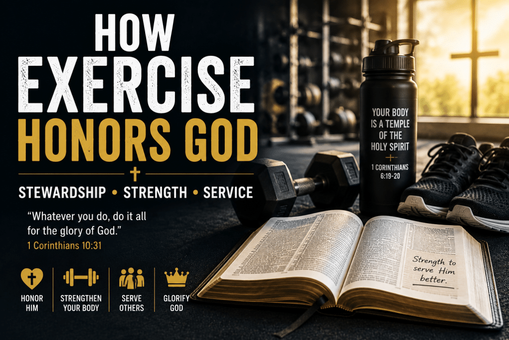 Open Bible, dumbbells, running shoes, and a water bottle in a gym illustrating how exercise honors God through faithful stewardship, strength, and service.