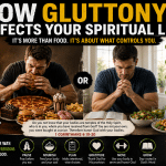 Side-by-side illustration of a man overindulging in unhealthy food and the same man praying over a healthy meal, showing how gluttony affects your spiritual life through self-control, stewardship, and honoring God.