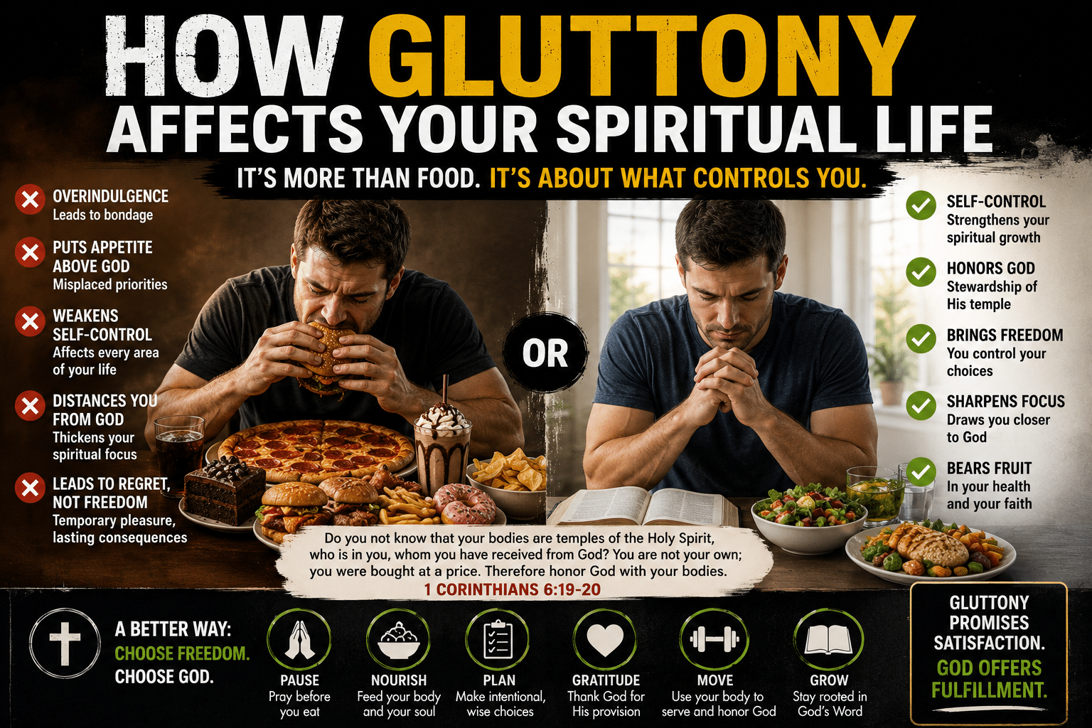 Side-by-side illustration of a man overindulging in unhealthy food and the same man praying over a healthy meal, showing how gluttony affects your spiritual life through self-control, stewardship, and honoring God.