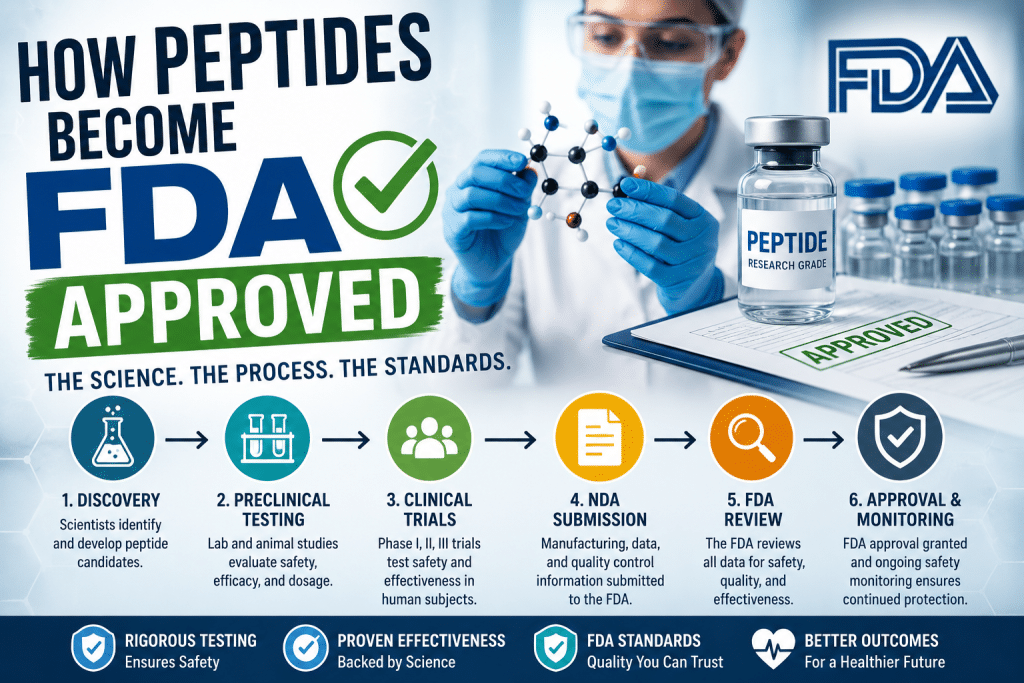 Illustration showing how peptides become FDA approved through laboratory research, clinical trials, FDA review, and final approval.