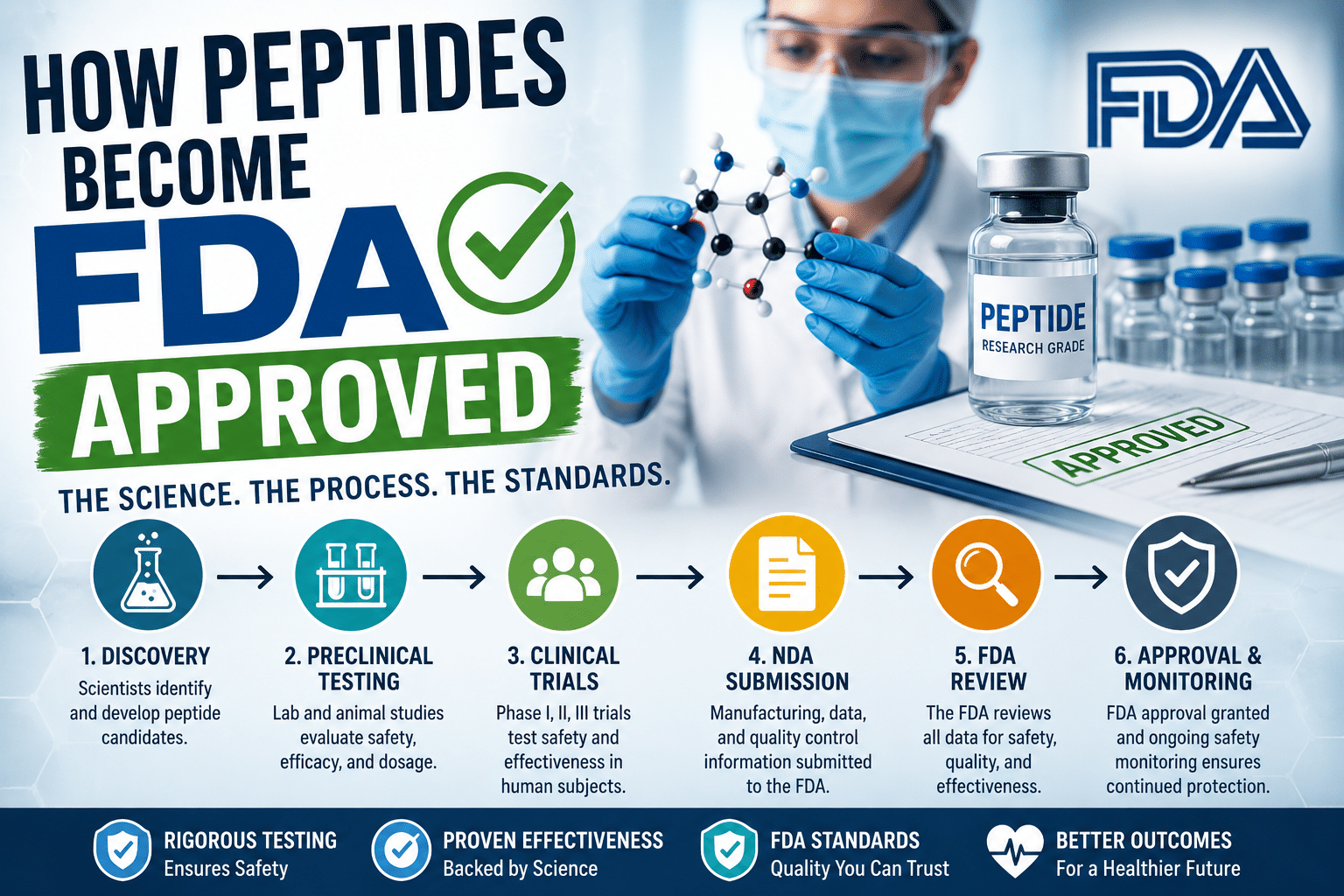 Illustration showing how peptides become FDA approved through laboratory research, clinical trials, FDA review, and final approval.