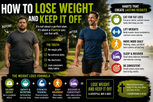 Before-and-after weight loss illustration showing a man transforming through sustainable habits like a calorie deficit, strength training, daily walking, healthy eating, quality sleep, and consistency to lose weight and keep it off.