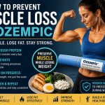 Muscle loss on Ozempic illustration showing a fit woman flexing beside an Ozempic injection pen, high-protein foods, and strength training icons representing strategies to preserve muscle during weight loss.