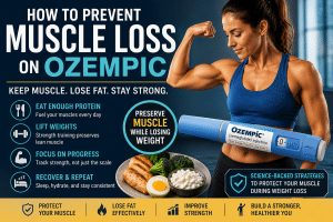 Muscle loss on Ozempic illustration showing a fit woman flexing beside an Ozempic injection pen, high-protein foods, and strength training icons representing strategies to preserve muscle during weight loss.