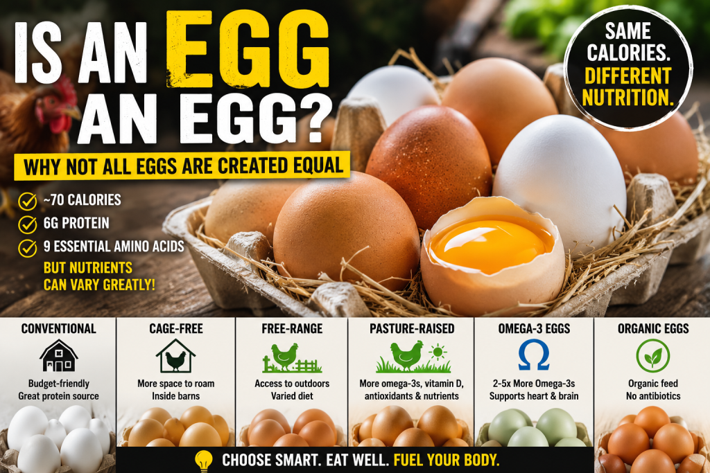 Basket of brown and white eggs comparing conventional, cage-free, free-range, pasture-raised, omega-3, and organic eggs to show that not all eggs have the same nutritional value