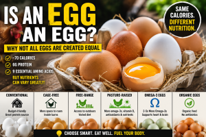 Basket of brown and white eggs comparing conventional, cage-free, free-range, pasture-raised, omega-3, and organic eggs to show that not all eggs have the same nutritional value
