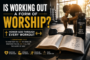 Christian praying beside an open Bible and workout equipment illustrating how working out can become an act of worship through faith, stewardship, and exercise.