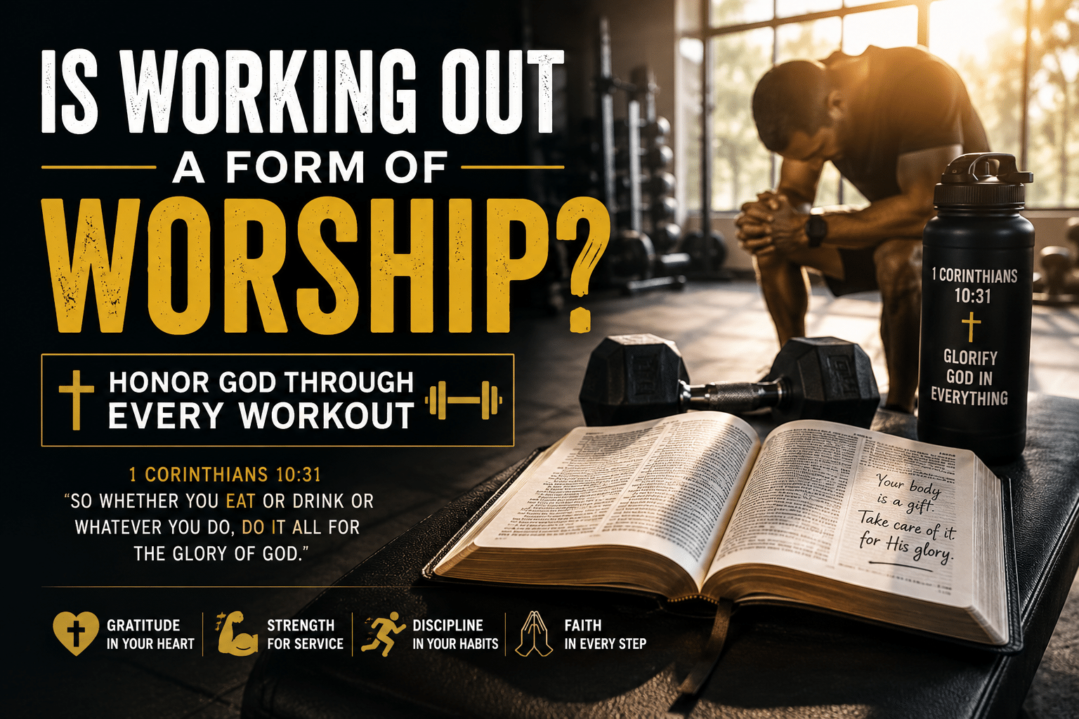 Christian praying beside an open Bible and workout equipment illustrating how working out can become an act of worship through faith, stewardship, and exercise.