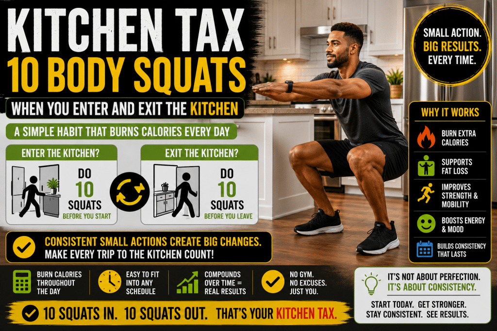 Man performing 10 bodyweight squats in a kitchen demonstrating the Kitchen Tax habit of doing 10 squats when entering and leaving the kitchen to support fat loss and healthy habits.