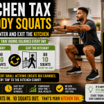 Man performing 10 bodyweight squats in a kitchen demonstrating the Kitchen Tax habit of doing 10 squats when entering and leaving the kitchen to support fat loss and healthy habits.