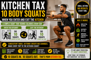 Man performing 10 bodyweight squats in a kitchen demonstrating the Kitchen Tax habit of doing 10 squats when entering and leaving the kitchen to support fat loss and healthy habits.